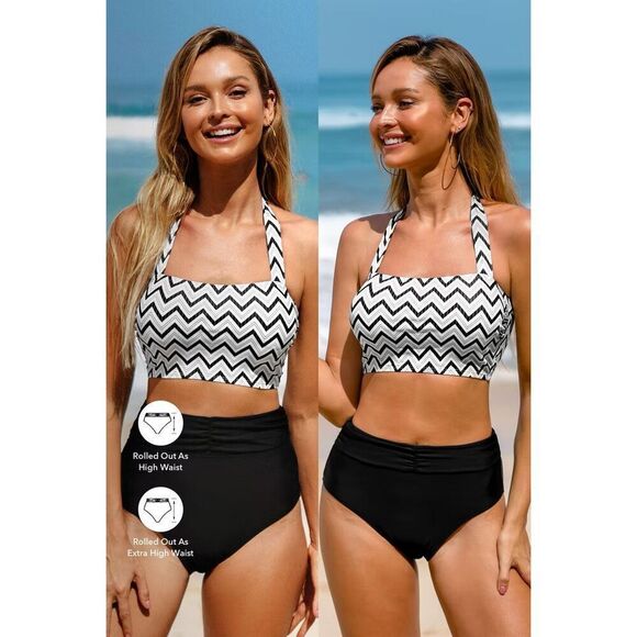 Chevron Halter Bandeau & Multi Way Tummy Control Midkini Set - Picture 1 of 1